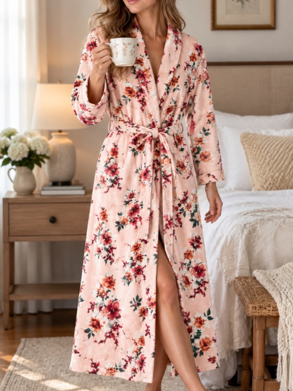 Garnet Hill Women’s Floral Robe Size M Pink 100% Organic Cotton Long NEW